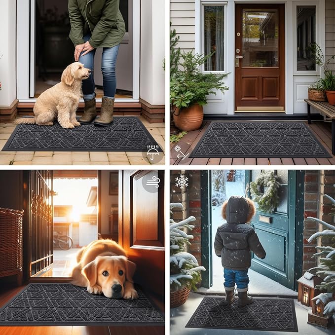 Smiry Front Door Mat Outside Entrance, Heavy Duty Sturdy Natural Rubber Doormat, Trap Dirt and Moisture, Easy Clean Low Profile Mats for Indoor Outdoor Entry, Grid Geometric (71x47, Grey)