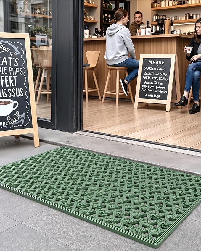 DEXI Front Door Mat Outside Entrance Rubber 32x48, Welcome Floor Doormat Heavy Duty Non Slip, Dirt Trapper Waterproof Exterior Entry Mats All Weather for Patio Entryway Drainage, Green