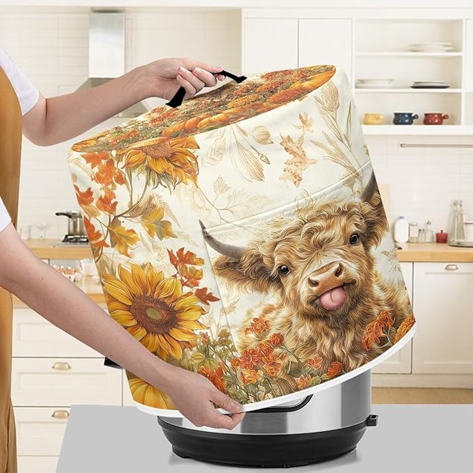NEITLGEN Maple Leaf Highland Cow Kitchen Appliance Dust Cover Universal Size 8 Quart Pressure Cooker/Air Fryer/Rice Cooker Cover with Top Handle and Storage Pocket Thanksgiving Day Decor