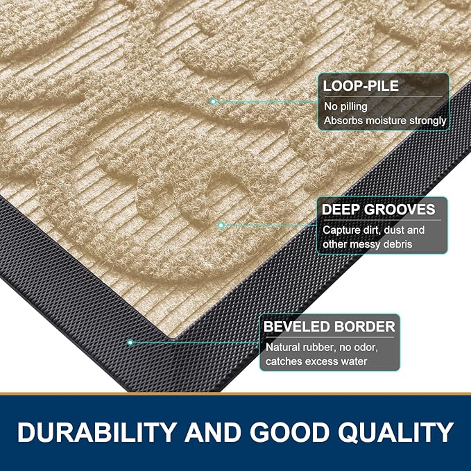 Smiry Welcome Door Mat Outside Entrance, Heavy Duty Trap Dirt and Moisture Easy Clean Low Profile Patio Porch Indoor Outdoor Front Doormat for Entry, 29.5x17 Inch, Beige