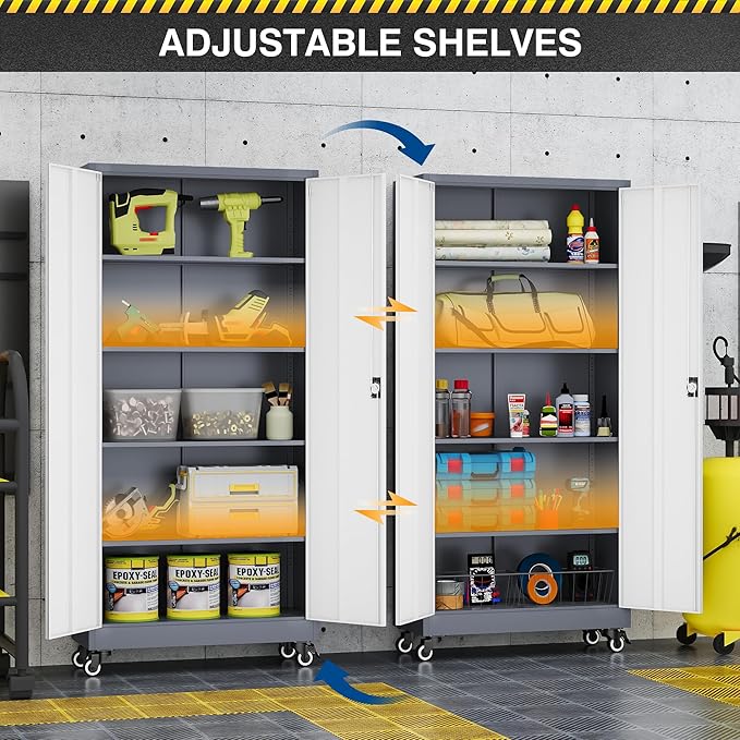 Metal Rolling Storage Cabinet-74.6” Tall Steel File Cabinets with Wheels Lockable Doors and Adjustable Shelves-Gray & White Steel Storage Cabinet for Home, School, Office, Garage