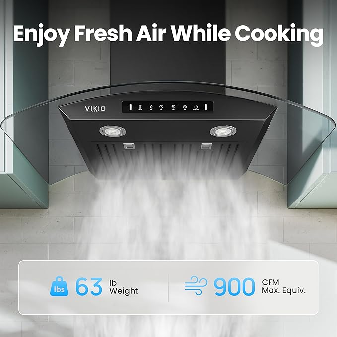 Black 36 inch Wall Mounted Range Hood Glass 900 CFM, Stainless Steel Kitchen Hood Vent with Gesture/Touch Controls, 3-Speed Exhaust Fan and Stainless Steel Baffle Filter, 2 LED Lights