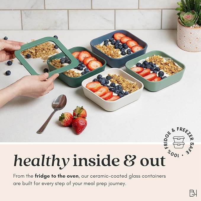 Ceramic Coated Glass Food Storage Container | No PTFE, PFOA, PFAS, and BPA | Reusable Non Toxic Meal Prep Container with Glass Lid | Easy To Store | 2.5 Cup Square [Pine]