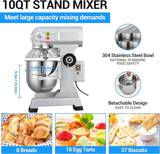 10Qt 500W Commercial Food Mixer, Commercial mixer 3-Speed Adjustable Heavy Duty Stand Mixer with Stainless Steel Bowl for Bakery Pizzeria.