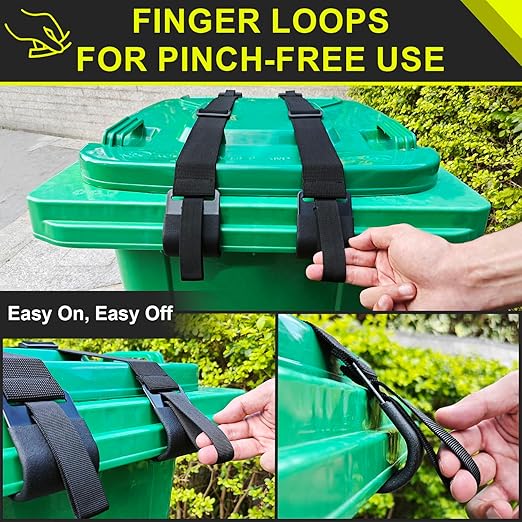 GripHandle Metal Double-Claw Trash Can Lid Lock Strap for Animals,Bungee Cord with Hooks for Trash Bin Garbage Pail,Outdoor Outside Trash Lid Holder to Keep Raccoons out,Fits 20-96 Gallon Cans - 4Pcs