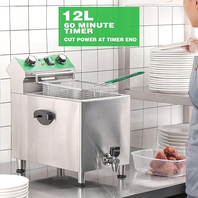 Deep Fryer with Basket and Lid Commercial Fryers with Oil Filtration and Timer 12L/12.7QT Electric Countertop Fryer Stainless Steel Single Tank Fryer for Home and Reastaurant Use 110V 1750W