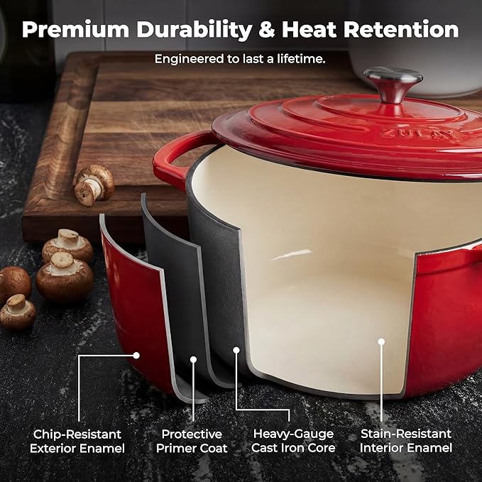 Zulay Kitchen 5 Quart Enameled Cast Iron Dutch Oven Pot with Lid – Premium Durability & Oven Safe up to 500°F – Heavy Duty Cookware Perfect for Bread Baking, Stews, Braising & Roasting – Red