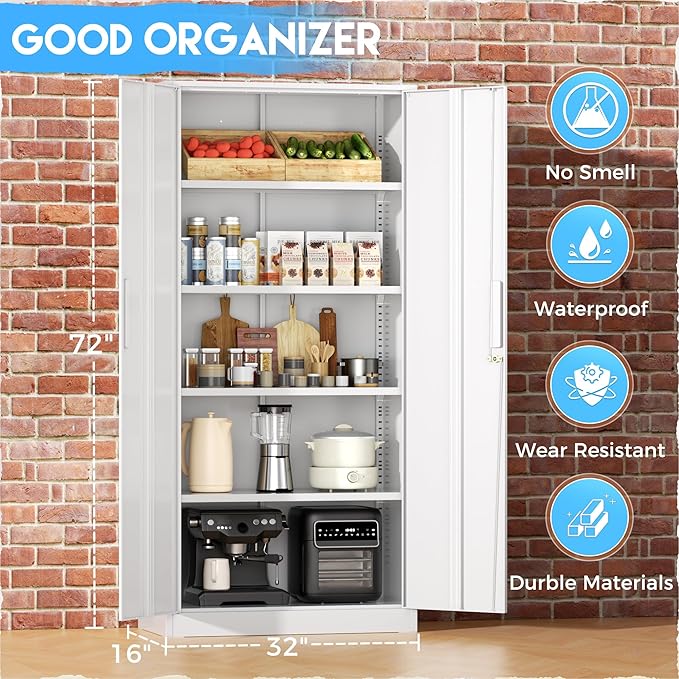 Greenvelly White Metal Storage Cabinet, 72" Steel Locking Cabinet with Doors and 4 Adjustable Shelves, Tall Tool Storage for Home Office, Metal Classroom Cabinet for Garage