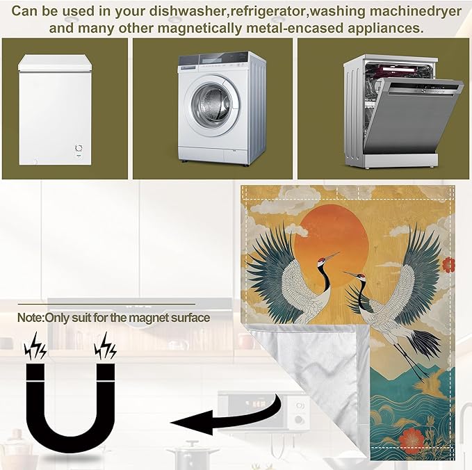 Dishwasher Magnet Cover,Two Cranes Dishwasher Cover Magnetic Sea Waves Home Appliances Refrigerator Decorative 23" x 26"