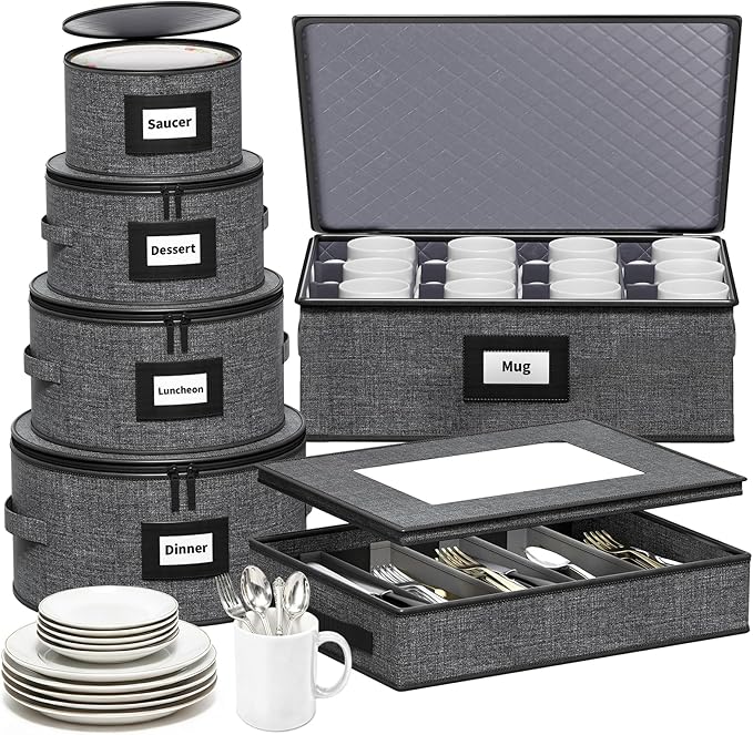 Aokeyee 6-Piece China Storage Containers Set, Hard Shell Moving Boxes for Dishes, Plates, Mugs & Flatware – Dinnerware Organizer with Soft Dividers, Sturdy Handles & Zippers, Grey