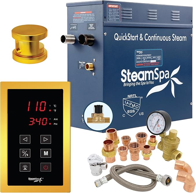 SteamSpa Premium 9 KW QuickStart Acu-Steam Bath Generator Package with Built-in Auto Drain in Polished Gold Finish|Touch Panel Control System|PRT900GD-A