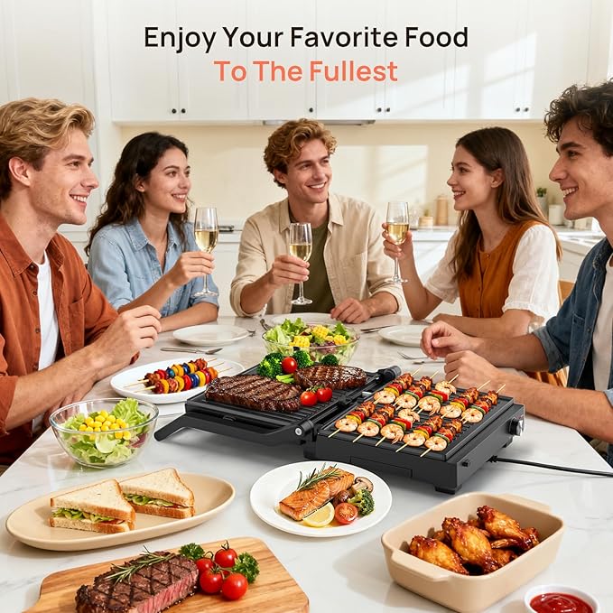 Electric Indoor Grill, 14'' Panini Press Grill, 1600W Electric Grill for Steak, Burger, Sandwich, 450℉ Dual Cooking Plates, 180° Flat Griddle, Removable Non-stick Grill & Drip Tray, Dishwasher Safe