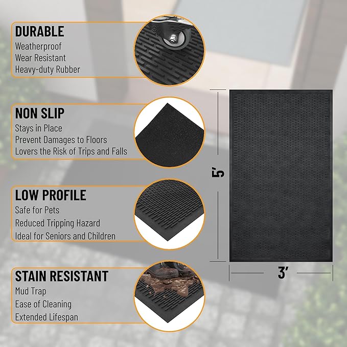 Ottomanson Heavy Duty Rubber Floor Mat – Non-Slip, Waterproof, Easy to Clean – Utility Rug for Entryway, Kitchen, Garage, or Patio – Stain Resistant, Hose Washable – 35" x 60", Black