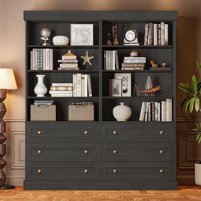 Vyre 71" Tall Farmhouse Kitchen Pantry, Large Storage Cabinet with Adjustable Shelves, 3 Drawer, Wood Versatile Hutch Cabinet for Living Room, Dining Room, Black