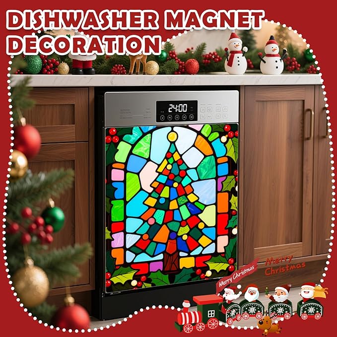 Christmas Tree Dishwasher Magnet Cover, 23" W x 26" H Fridge Magnetic Stickers Reuseable Magnet Panel Decal Cover for Washing Machine Fridge Microwave Cabinet Kitchen Christmas Decoration