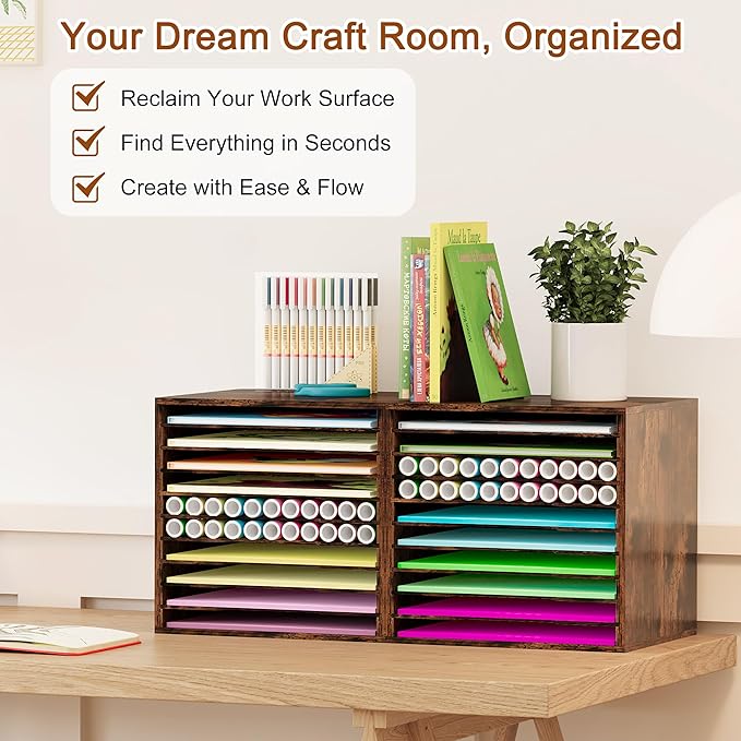 EasyPAG Scrapbook Paper Storage Organizer for Craft Room, 12x12 Paper Storage Desk Shelf, 10 Slot Adjustable File Sorter for Office School Classroom, Antique