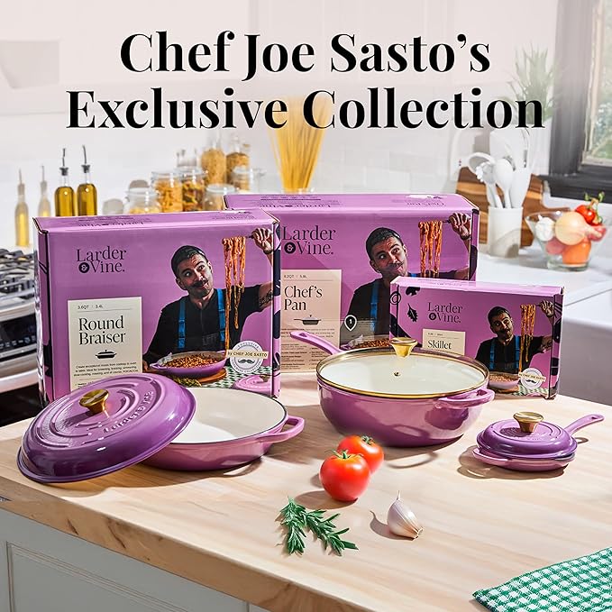 Chef Joe Sasto Chef’s Pan with Tempered Glass Lid, Deep Saute Pan, Enameled Cast Iron, Professional Cookware for Searing, Sautéing & Braising, Induction Compatible, Oven Safe, Dishwasher Safe