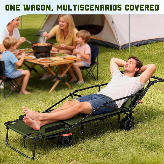 LEVELEVE Heavy Duty Folding Wagon - 2-in-1 Collapsible Cart, 650lb Capacity, All-Terrain Wheels w/Brakes & Side Pockets (Army Green)