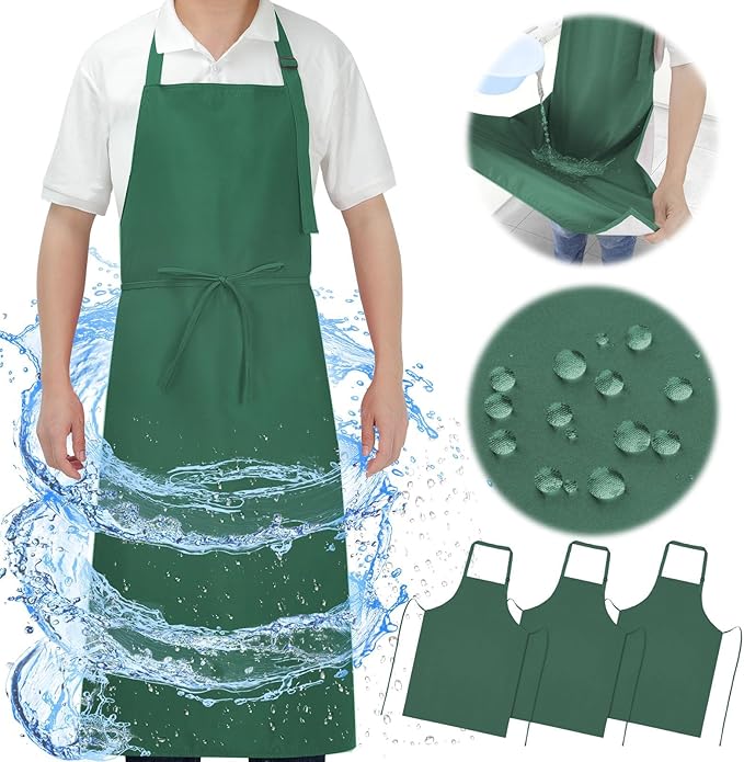 3-Layer Waterproof Apron - Pocket-Free Hygienic Design for Dishwashing & Dog Grooming - Lightweight Durable Protection for messy Kitchen Cooking, Baking, for Men & Women (3 Pack,Green)