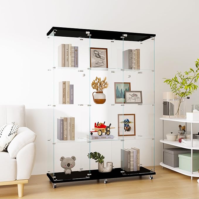 Yoluckea 4 Shelves Glass Display Cabinet Extra Large, Floor Standing Clear Glass Curio Cabinet Collection Display Case for Living Room Bedroom 66.14” x 47.64” x 14.57” Black