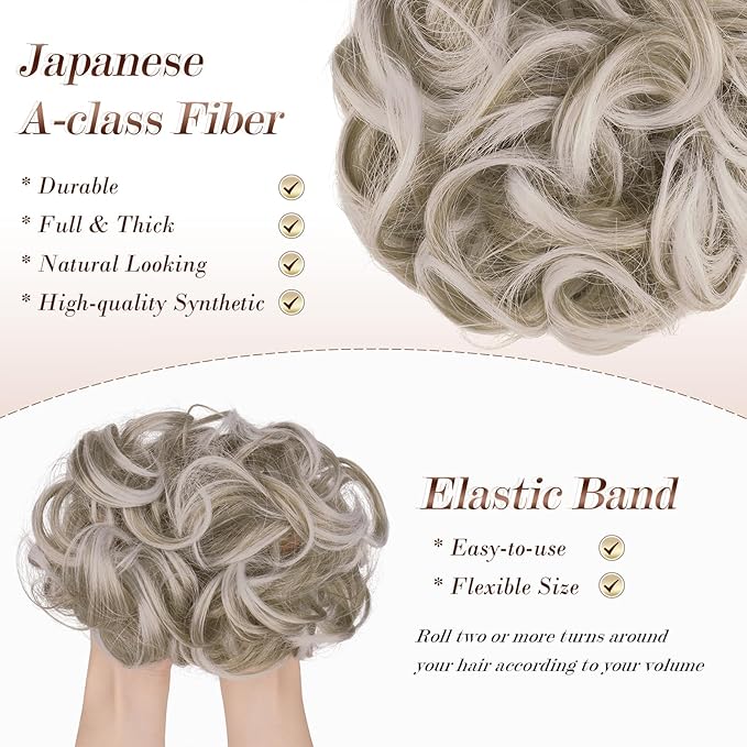 FESHFEN Large Messy Bun Hair Piece - Wavy Synthetic Chignon Scrunchies Elastic Ponytail Hair Extensions Thick Hairpieces for Women, Silver Blonde 1.94oz
