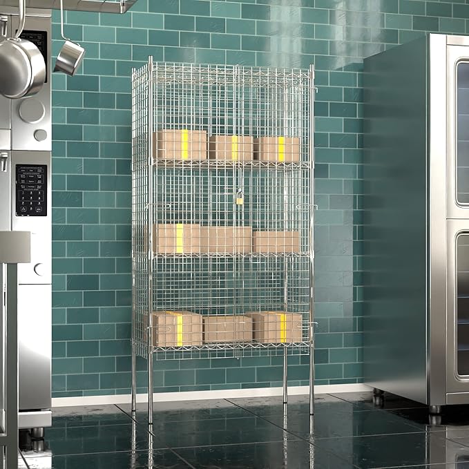 Commercial Grade NSF Listed Metal Wire Mesh Storage Chrome Security Cage Kit, 18" x 36" x 74", Perfect for Warehouse, Grocery Store, Restaurant, Dishroom