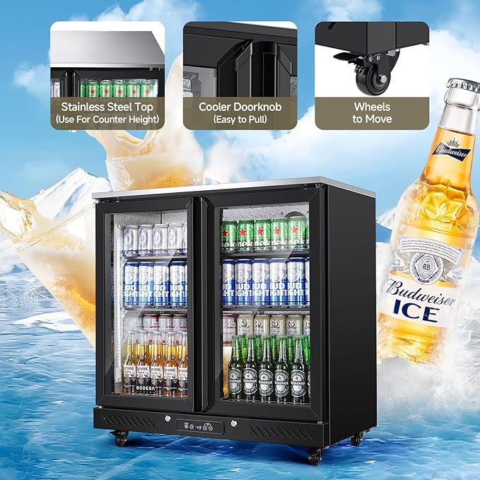 BODEGACOOLER Back Bar Cooler with 2 Glass Doors,7.7 Cu.ft Commercial Back Bar Beverage Refrigerator Counter Height,LED Lighting for Soda Drinks,Beer,Wine Stainless Steel Top,DOE Approved,4 Casters