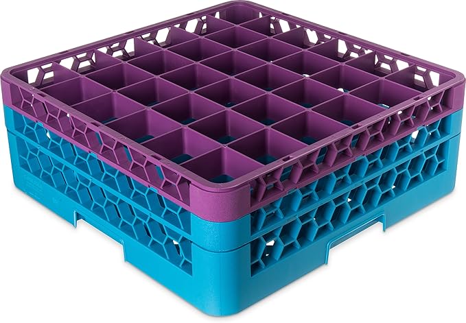 CFS RG36-2C414 OptiClean 36 Compartment Glass Rack with 2 Extenders, 7.12", Polypropylene, Lavender/CFS Blue