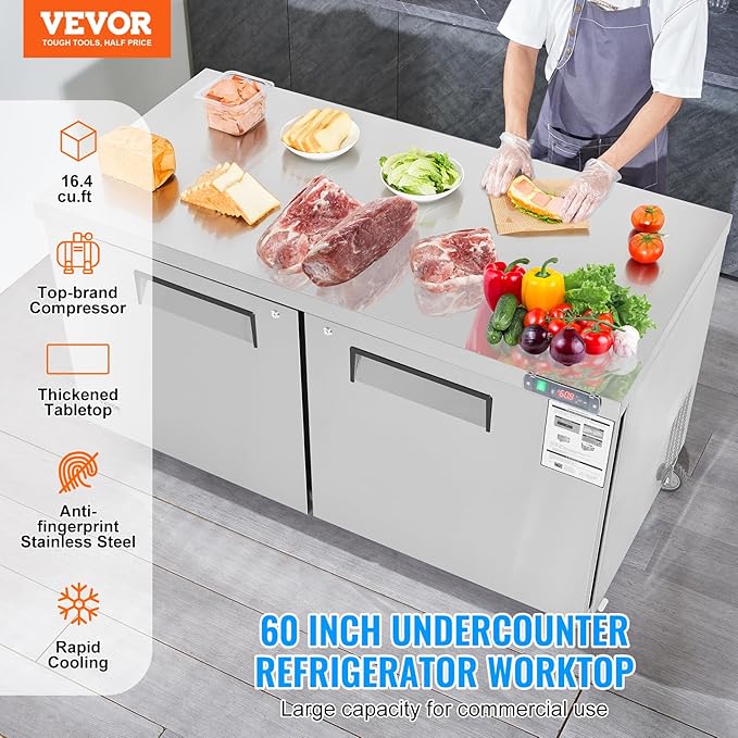 VEVOR 60" Commercial Refrigerator Sandwich & Salad Prep Table, 16.4 Cu. Ft Stainless Steel Refrigerated Food Prep Station with 2 Doors, Frost Free Refrigerator with Lock for Restaurant, Bar, Store