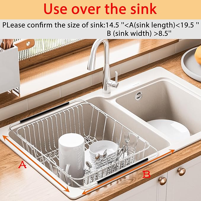 Stainless Steel Dish Drying Rack(15"L x 8.3"W x 4.2"D), Expandable Fruit & Vegetable Drain Rack over Sink, Dish Drainer Rack in Sink, with Stainless Steel Utensil Holder & 16" Silicone Mat