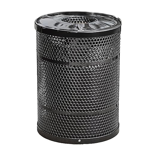 32 Gallon Perforated Trash Can with Flat Lid, Steel Outdoor Heavy-Duty Commercial Waste Bin, Round Recycle Container, Durable Garbage Can for Parks, Municipalities, Schools, Parking