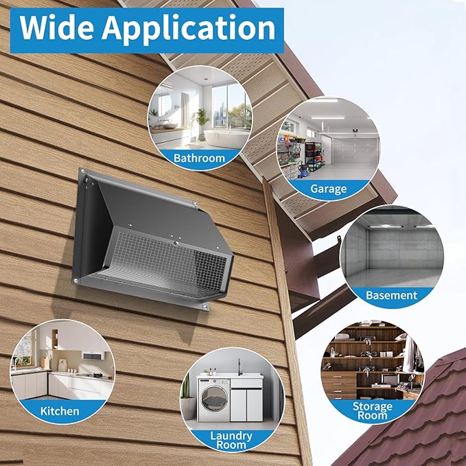8 Inch Hooded Wall Vent with Screen and Damper,Wall Exhaust Vent Cover Cap,Dryer Vent Cover Outside,External Extractor Wall Vent Hood for House Kitchen Range Hood Air Ventilation Black