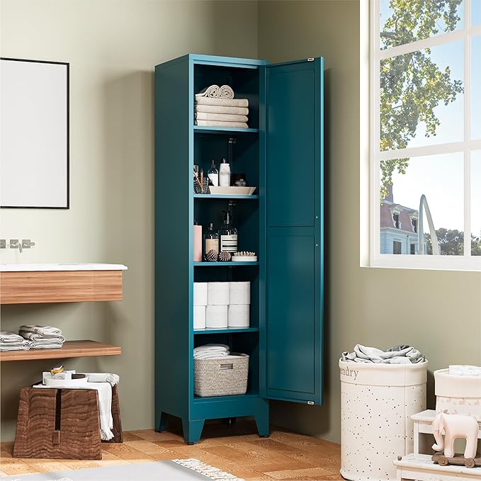 COFaR 67" Tall Pantry Cabinet, Peacock Blue Storage Cabinet with Magnetic Door & 4 Adjustable Shelves, Slim Freestanding Cupboard for Bathroom, Kitchen
