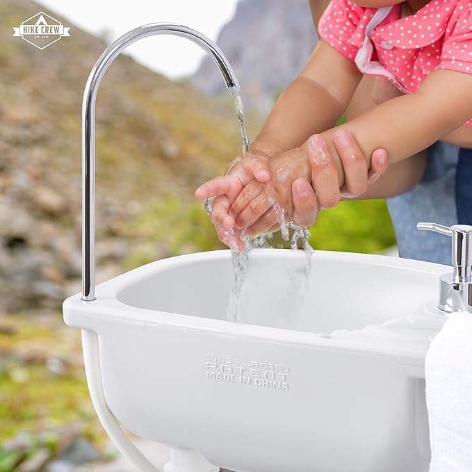 Hike Crew Portable Camping Sink & Waste Tank | Large Outdoor Hand Washing Station with 4.5 Gal Capacity, Hands-Free Foot Pump, Faucet, Soap Dispenser & Towel Rack | Includes 10 Gal Travel Waste Tank