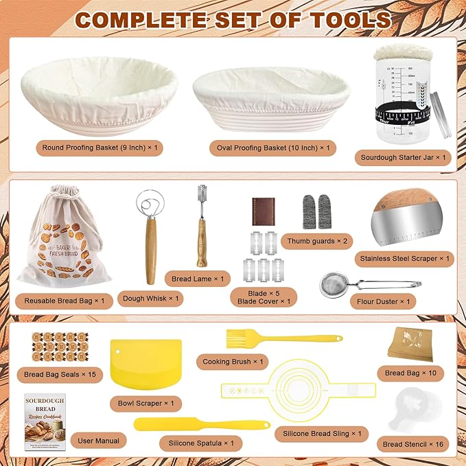 Sourdough Starter Kit,Sourdough Bread Baking Supplies, 9" Round and 10" Oval Banneton Bread Proofing Basket Set with Sourdough Starter Jar, Sourdough Bread Making Kit Valentine's Gifts for Women Wife