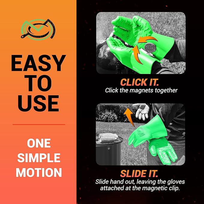 MagneCHEF Heat Resistant Silicone BBQ Gloves- Ergonomic Web fit Allows for Firm Grip- Patented Magnet Safety Clip Allows for Rapid Release of one or Both Hands- Grip Waves for Pulling Pork (Green)