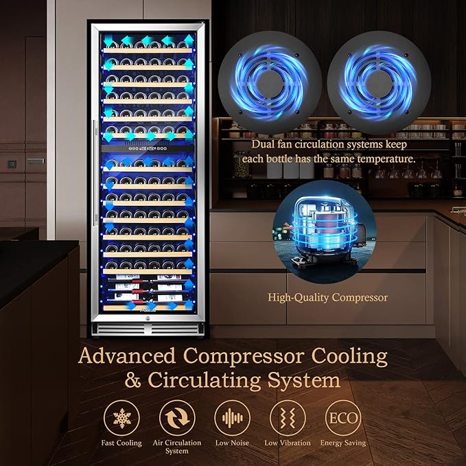 AAOBOSI 24 Inch Dual Zone Wine Fridge, 154 Bottles Wine Cooler Refrigerator，40-65°F Wine Refrigerator with 2 Glass Door，Built-in or Freestanding Fridge for Restaurant, Club, Lounge
