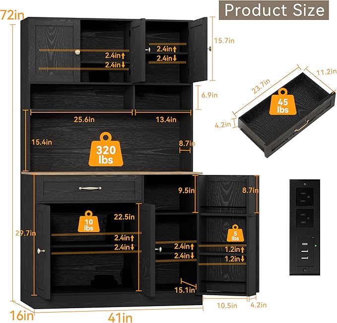 72" Kitchen Pantry Cabinet with LED Light and Charging Station Tall Pantry Storage Cabinet with Adjustable Shelves and Door Shelves Modern Kitchen Hutch with Countertop Black