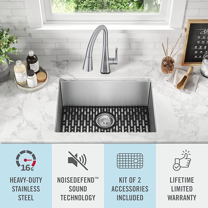 DELTA FAUCET Delta Lenta 24-inch Undermount 16 Gauge Stainless Steel Single Bowl Laundry Utility Kitchen Sink with Accessories, 953034-24SL-SS, Satin