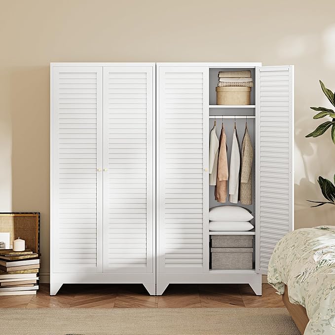 Letaya Metal Wardrobe Cabinets,71" Tall Armoire Wardrobe Closet with Fluted Doors and Shelves,Large Coat Closet Cabinet with Hanging Rod,Clothing Storage Cabinets for Home Room (White)