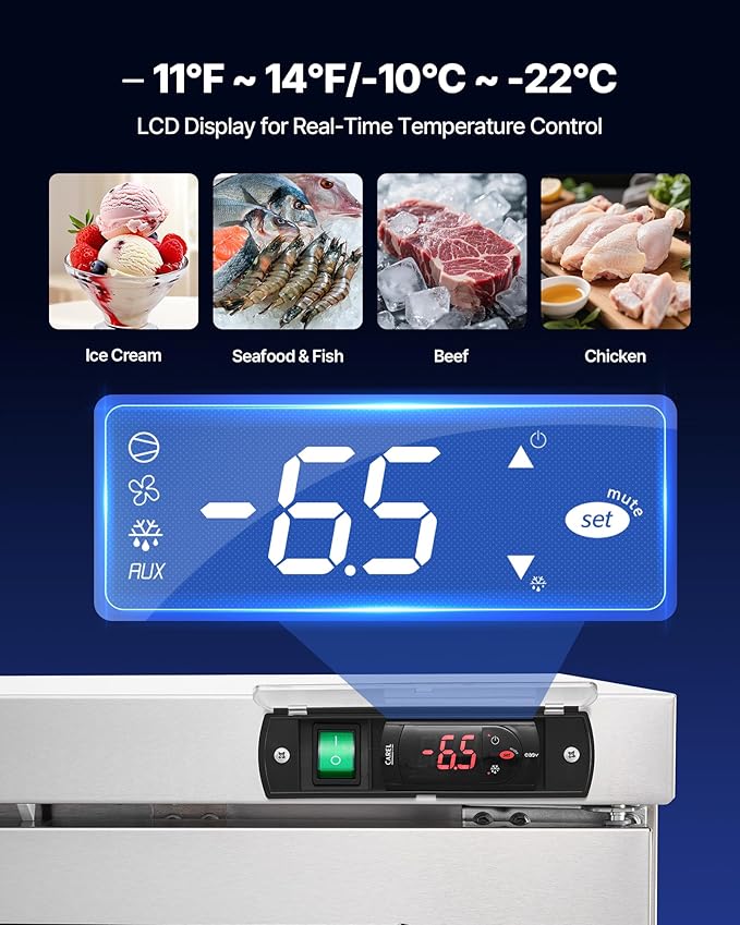 VEVOR 72" W Commercial Freezer, 17.7 Cu.Ft Worktop Freezers Undercounter with LED Auto Lighting and Lockable Door, 3 Doors Food Freezing Prep Worktable, Stainless Steel Prep Frozen Table with Casters