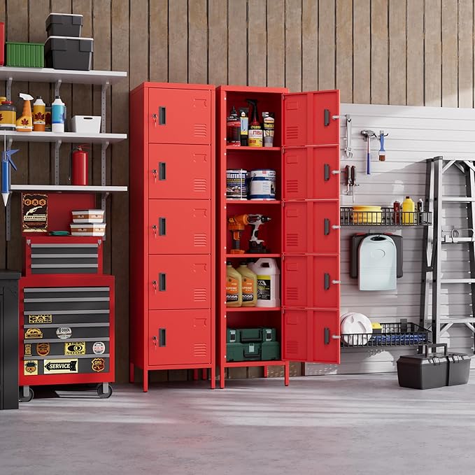 METAN Metal Storage Employees Locker with 5 Lockable Doors,Locking Storage Cabinets for Small Spaces,Home,School,Gym,Assembly Required,Red
