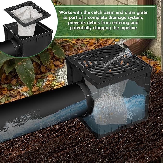 Catch Basin Drain Filter, Square Catch Basin Drain Filter for 12 Inch Clog-Free Drainage and Infiltration Systems, Removable Filter, for Garden, Lawns, Landscaping and Patios (1 Pack)