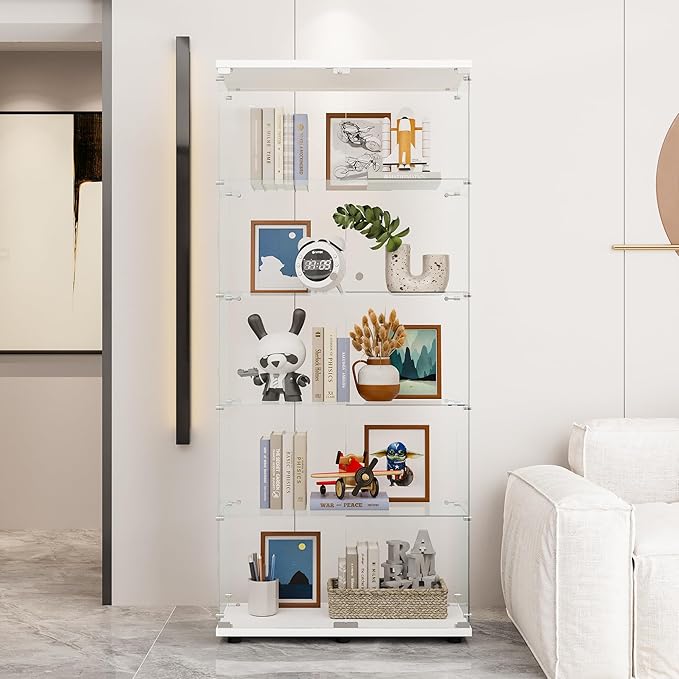 74" H 5-Shelf Glass Display Cabinet with Double Door, Modern Curio Cabinet Collection Display Case, Floor Standing Bookshelf Glass Case with Lock for Living Room,Home Office (White)