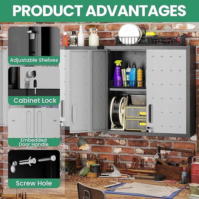 Garage Wall Cabinet,29.5" W Wall Mounted Garage Cabinets with Adjustable Shelf,Heavy Duty Lockable Metal Cabinet,Secure Hanging Tool Cabinet for Basement,Laundry Room,Workshop,Black/Grey
