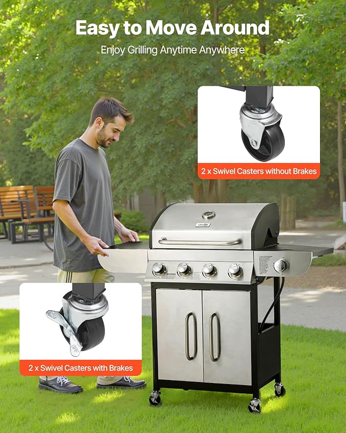 VEVOR Gas Grill, 4 Burner Propane Gas Grill with Side Burner, 425 SQ.In Grilling Area, Carbon Steel Enamel Grates, Outdoor 52,000 BTU Patio Garden BBQ Grills with Two Side Shelves, Stainless Steel
