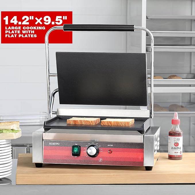 EGGKITPO Commercial Electric Panini Grill with Flat Plates Stainless Steel Sandwich Maker 14"× 9.5" Cast Iron Enamel Plate Countertop Panini Press with Temperature Control for Business 110V 1700W