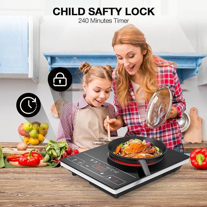 VBGK Single Burner Electric Cooktop,1800W Electric Stove Top Portable Cooktop LED Touch Control,8 Power Levels, Kids Lock