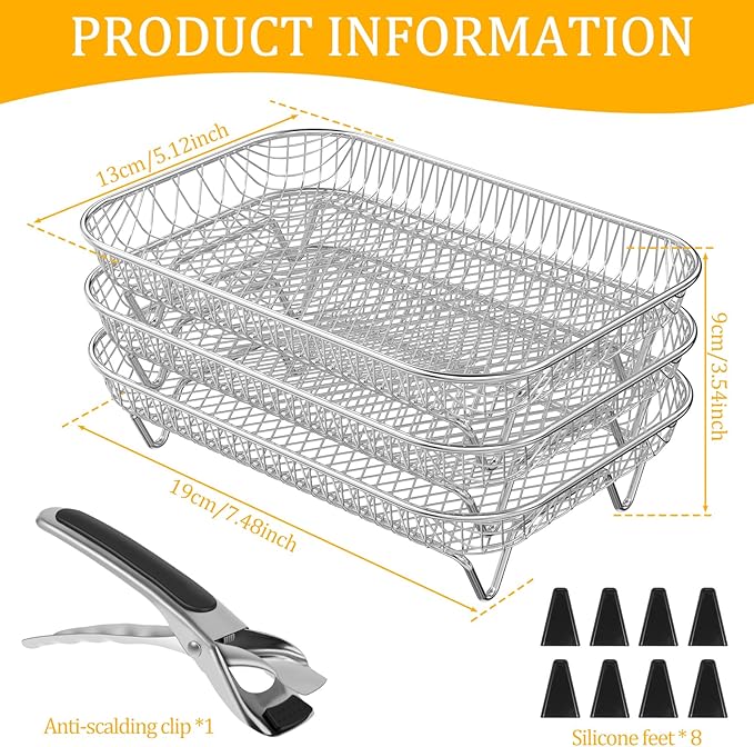 Air Fryer Rack Accessories for Ninja Dual Basket, 3 Layers, 304 Stainless Steel Stackable Bacon Air Fryer Accessories for Ninja AF300UK, Salter/Instant/EMtronics, with Clip