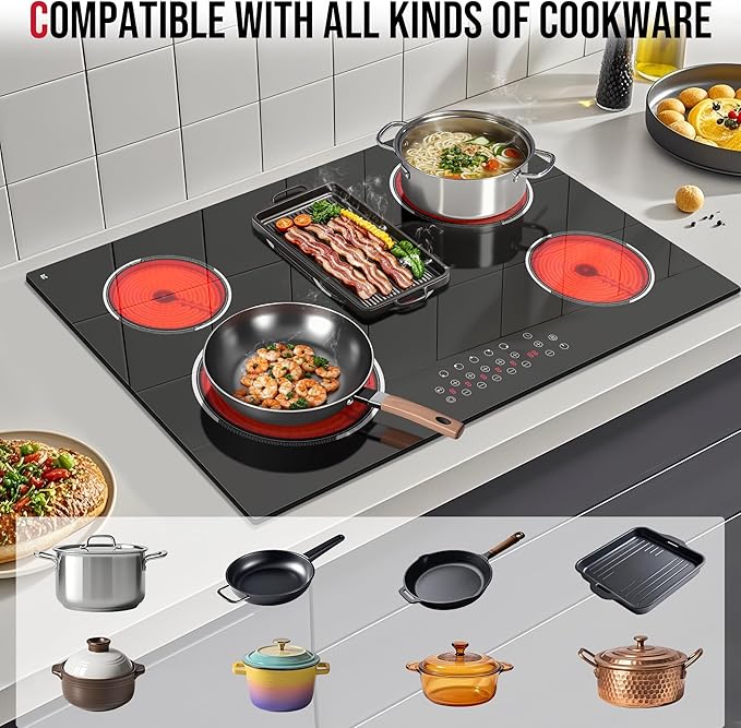 30 Inch Electric Cooktop, Built-in 5 Burner Electric Stovetop 8400W, 30" Glass Ceramic Cook Top with Expanded Zone, Child Safety Lock, Timer, Pause Control, 220V - 240V Hard Wire, No Plug